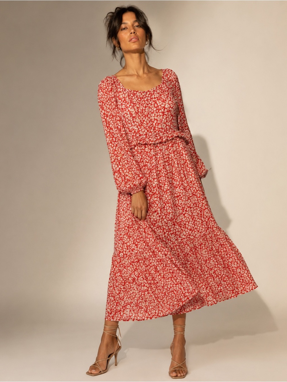 Anthology Lost + Wander Red Floral Scoop-Neck Long Sleeve Maxi Dress